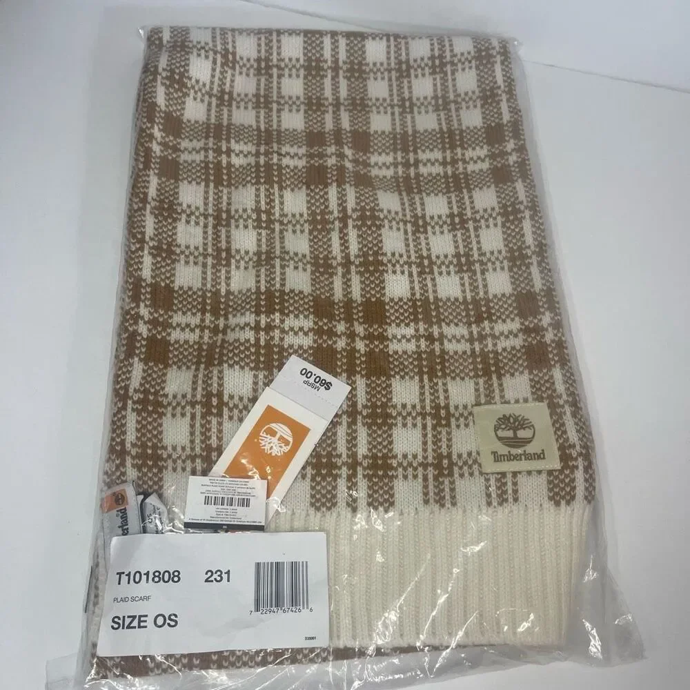 Timberland Scarf Buffalo Plaid 100% Acrylic Beige Off-White